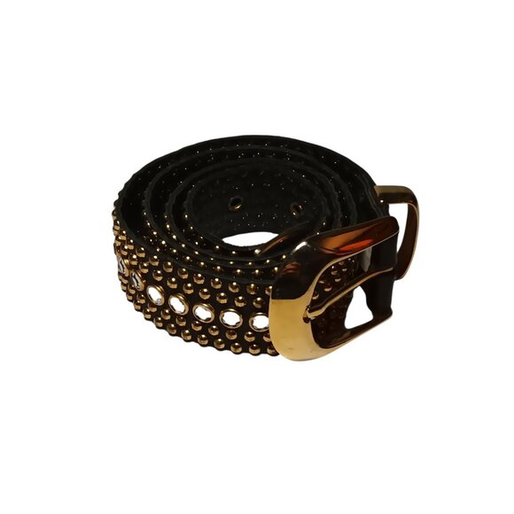 Womens Black Leather Crystal Rhinestone Studded Belt Brass Buckle 28\